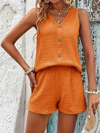 Women's Casual Vest Shorts Suit 2 Pieces Sets Summer New V Neck Buttons Vest High Waist Wide Leg Shorts Sets For Women Clothing