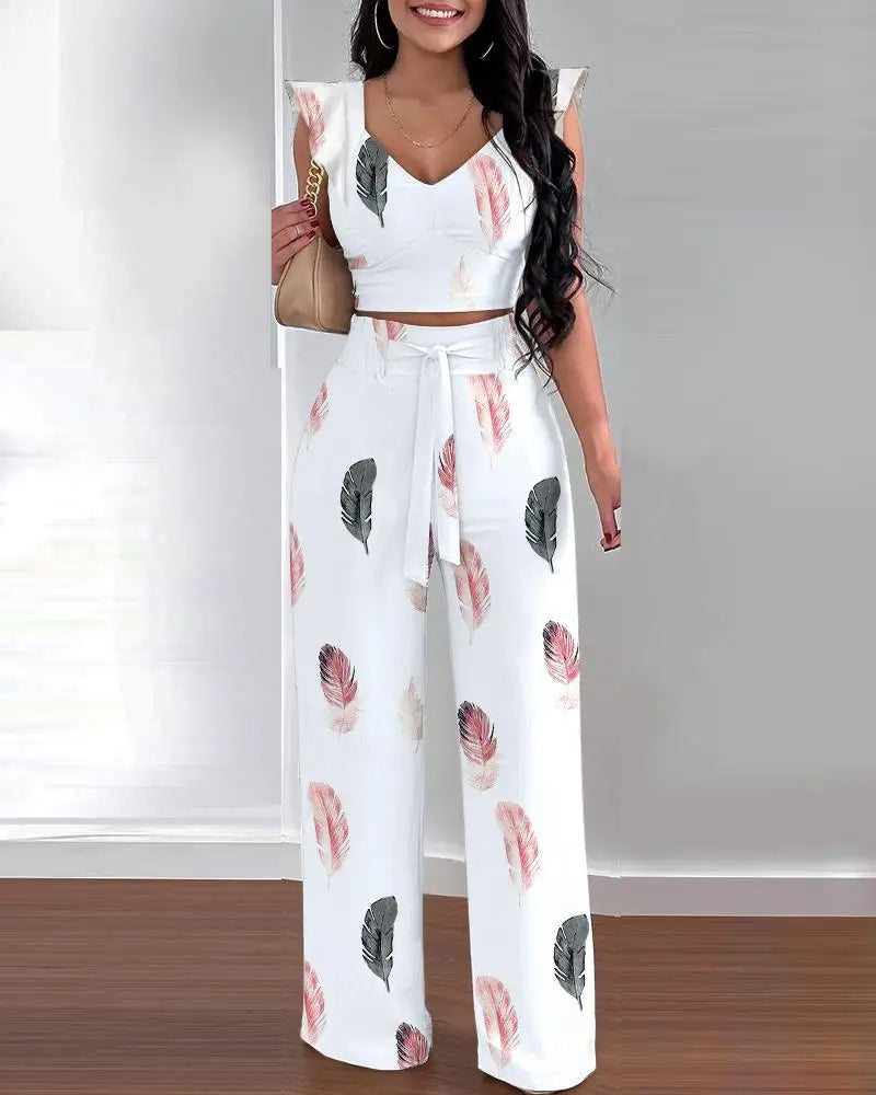 Women Casual Sleeveless Top Long Pants Two Pieces Print Ruffles Lace-Up Loose Wide Leg Pants Suit Set Summer