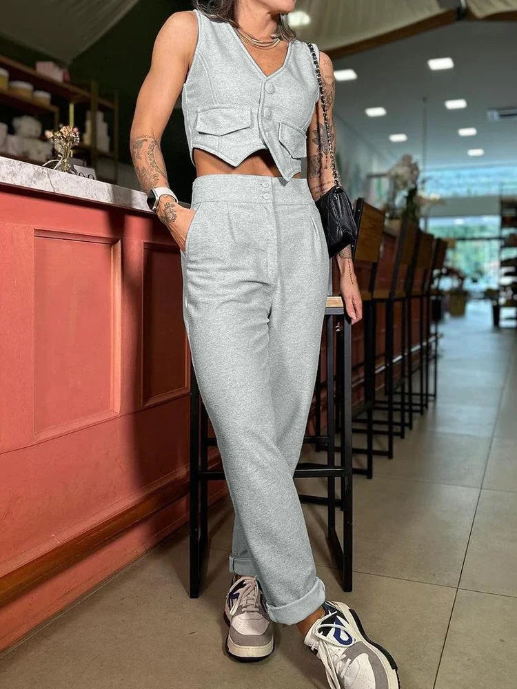Two Piece Sets Women V Neck Sleeveless Single Breasted Vest Tops Casual Straight Long Pants
