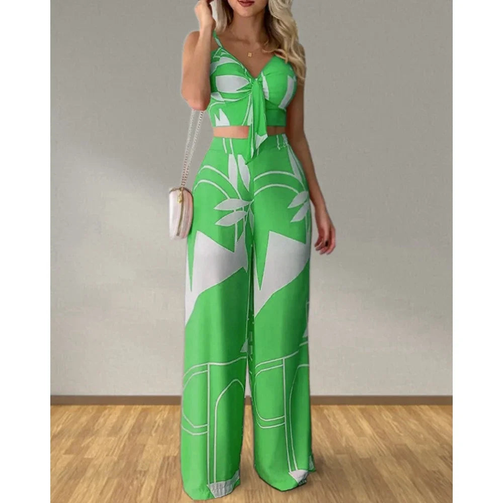 Summer Women Tropical Print Spaghetti Strap Casual Lace up Back Top &High Waist Pants Set 2 Pieces Suit Sets Woman Clothing