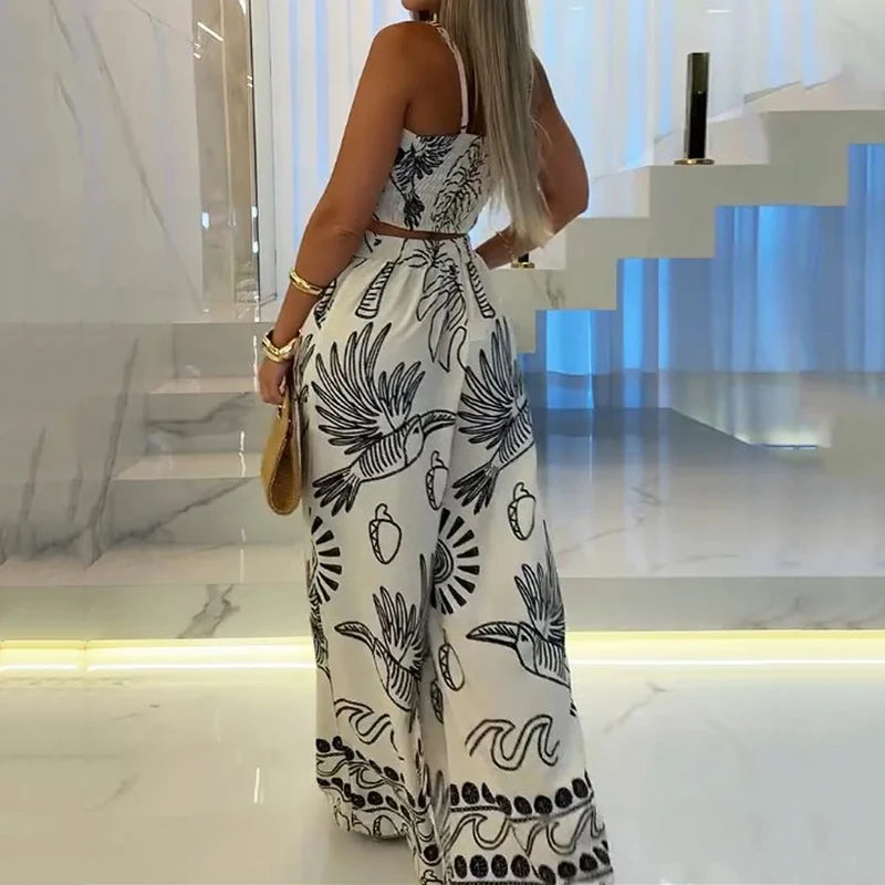 Women Summer Clothes 2 Piece Set Casual Printed Sleeveless Suspender Square Neck Hollow Out Backless Top Loose Pants Sets
