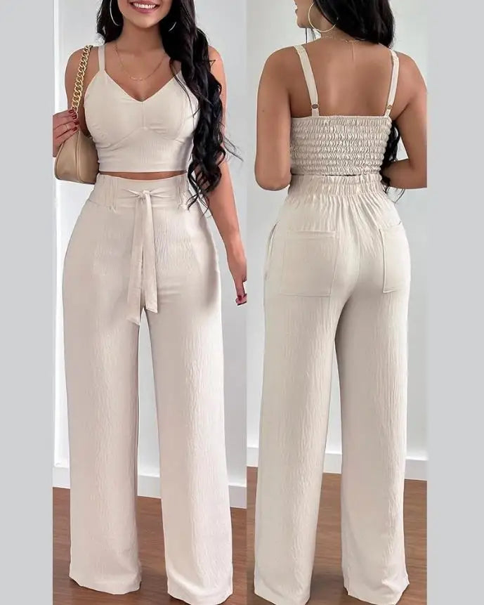 Tow Piceses Outfits for Women V-Neck Sleeveless Shirred Crop Top & Pocket Design Elegant Work Lady Wide Leg Pants Set