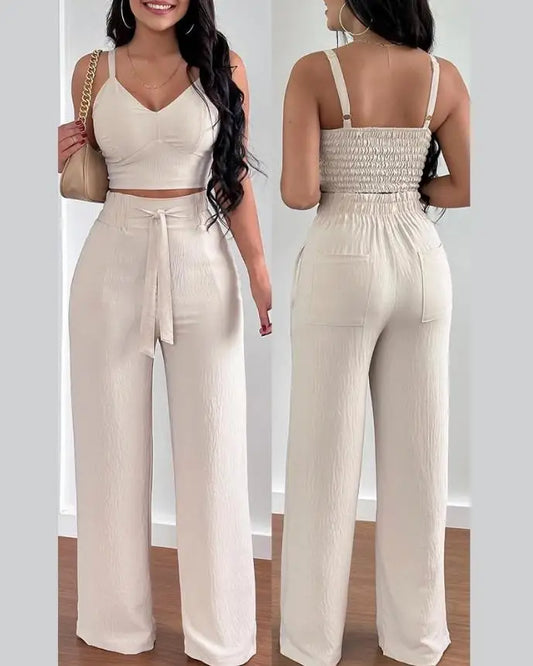 Tow Piceses Outfits for Women V-Neck Sleeveless Shirred Crop Top & Pocket Design Elegant Work Lady Wide Leg Pants Set