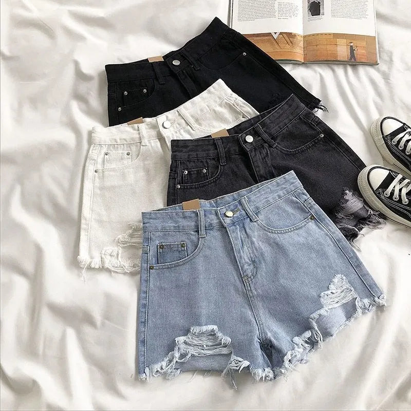 Shorts Women Summer Fashion Casual High Waist Ripped Jeans  Hot Pants Streetwear Blue Trousers