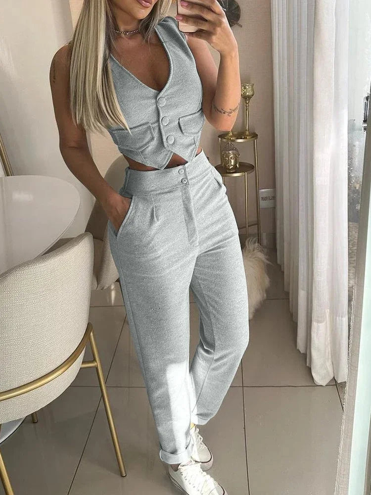 Two Piece Sets Women V Neck Sleeveless Single Breasted Vest Tops Casual Straight Long Pants