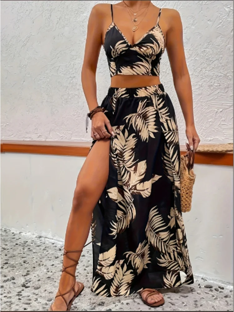 Women Sleeveless Low Cut V-Neck Printed Dress High Slit Sexy Dresses Trendy Half Skirt Women's Set Light Elegant Summer Set