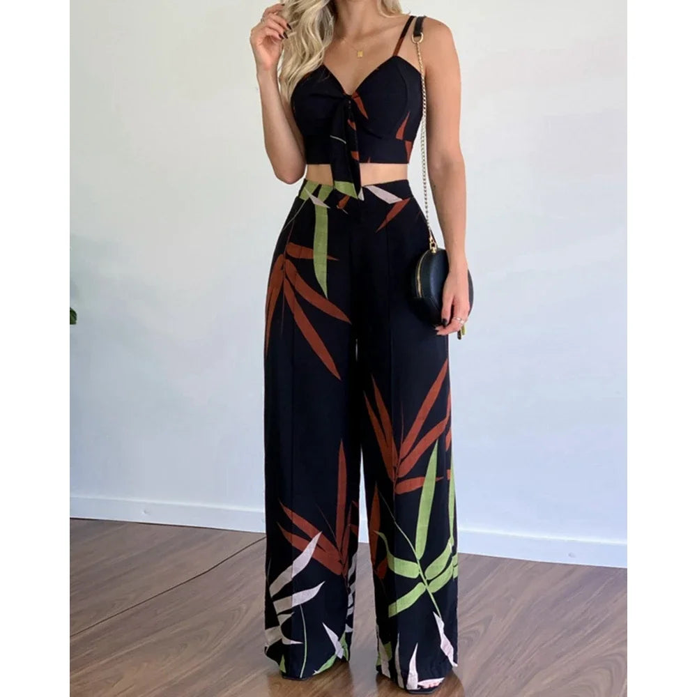 Summer Women Tropical Print Spaghetti Strap Casual Lace up Back Top &High Waist Pants Set 2 Pieces Suit Sets Woman Clothing