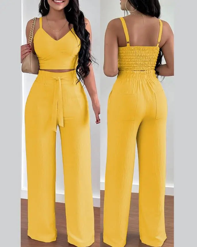 Tow Piceses Outfits for Women V-Neck Sleeveless Shirred Crop Top & Pocket Design Elegant Work Lady Wide Leg Pants Set