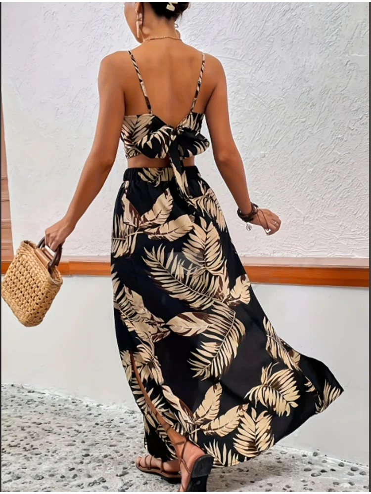 Women Sleeveless Low Cut V-Neck Printed Dress High Slit Sexy Dresses Trendy Half Skirt Women's Set Light Elegant Summer Set