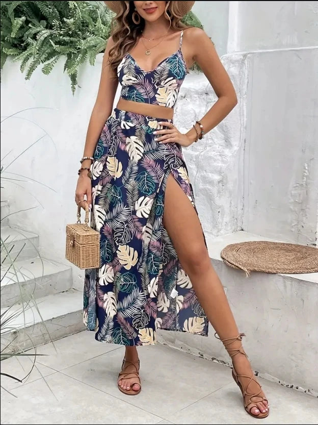 Women Sleeveless Low Cut V-Neck Printed Dress High Slit Sexy Dresses Trendy Half Skirt Women's Set Light Elegant Summer Set