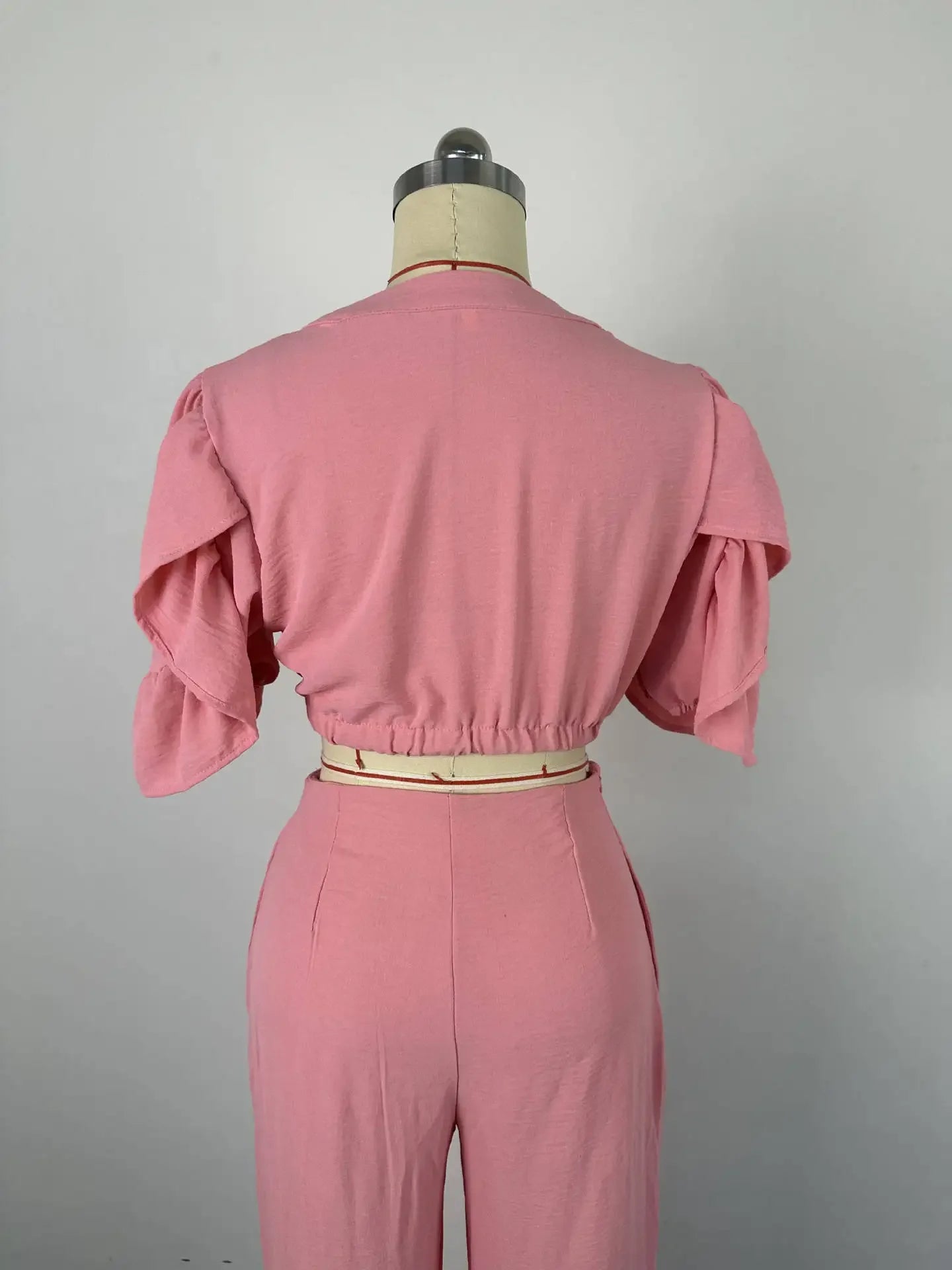 2pcs Women's Clothing Set Summer New Fashion V-neck Flare Sleeve Lace-up Top & Wide-leg Trousers Casual Suit