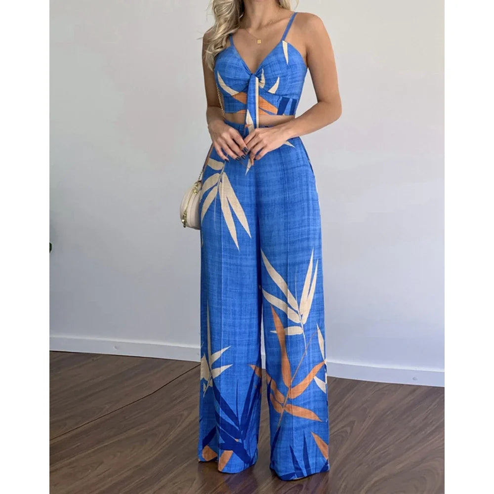 Summer Women Tropical Print Spaghetti Strap Casual Lace up Back Top &High Waist Pants Set 2 Pieces Suit Sets Woman Clothing
