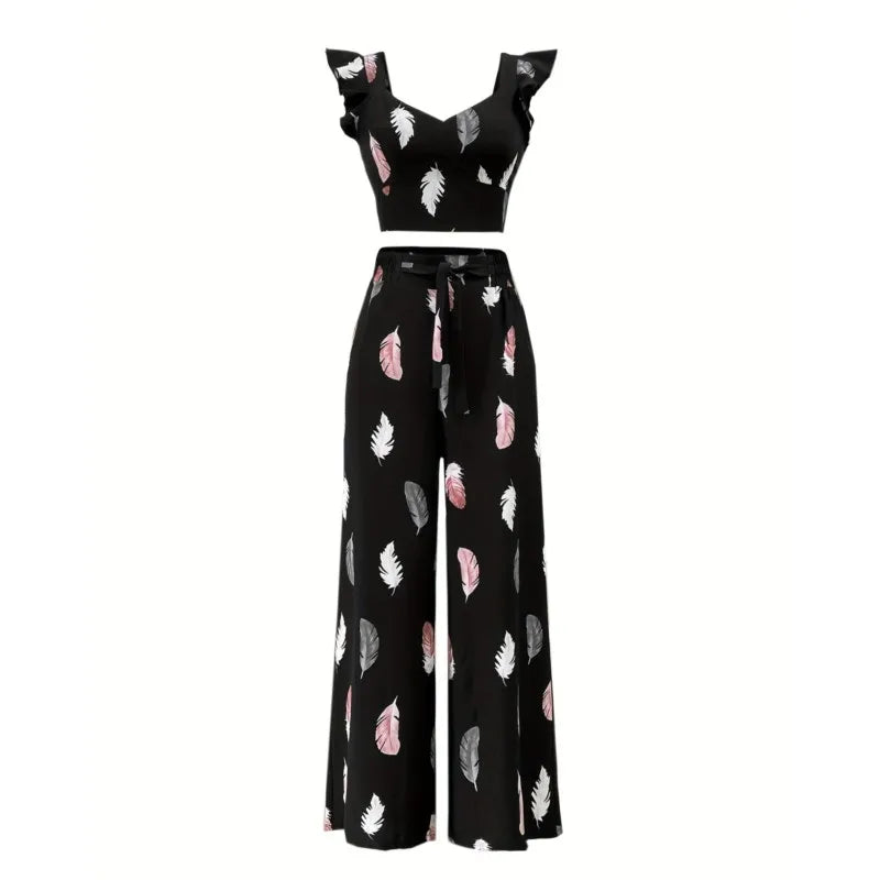 Women Casual Sleeveless Top Long Pants Two Pieces Print Ruffles Lace-Up Loose Wide Leg Pants Suit Set Summer