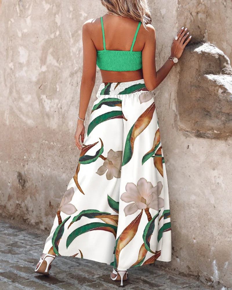 Boho Wide Leg Pant Sets Women Sexy Spaghetti Top And Print Pant 2 Piece Sets Women Outfit Casual Beach Holiday Lace Up Pant suit