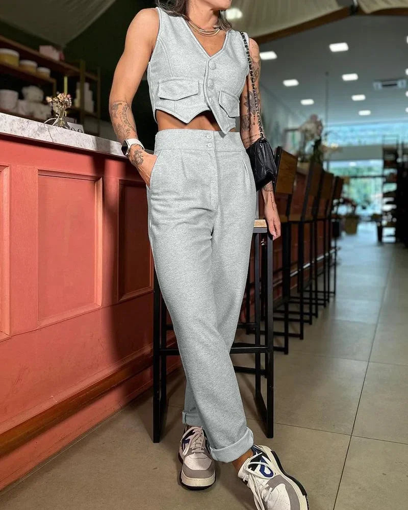 Two Piece Sets Women V Neck Sleeveless Single Breasted Vest Tops Casual Straight Long Pants