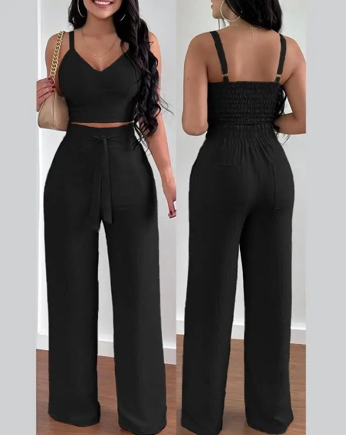 Tow Piceses Outfits for Women V-Neck Sleeveless Shirred Crop Top & Pocket Design Elegant Work Lady Wide Leg Pants Set