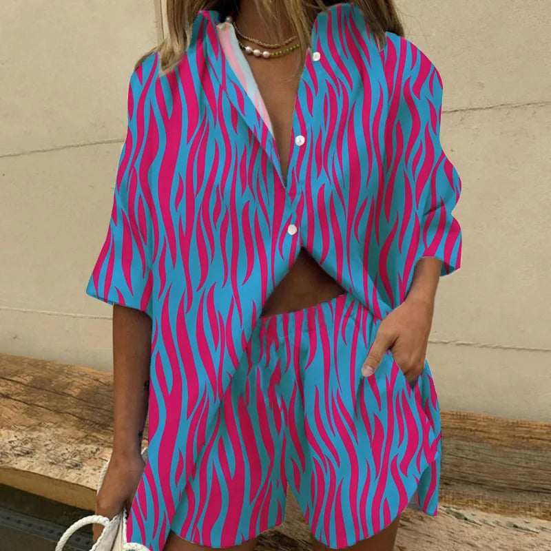 Two Piece Short Sets Women Summer Casual Print Short Sleeve Shirts 2 Piece Set Shorts Fashion Loose Office Shirts Suit Outfites