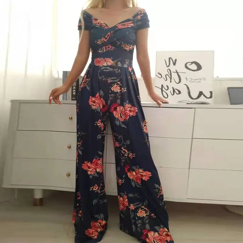 Fashion Printed Sleeveless Off-shoulder One-shoulder High-waist Jumpsuit  Women 2025 Summer Casual Pleated Jumpsuit For Women