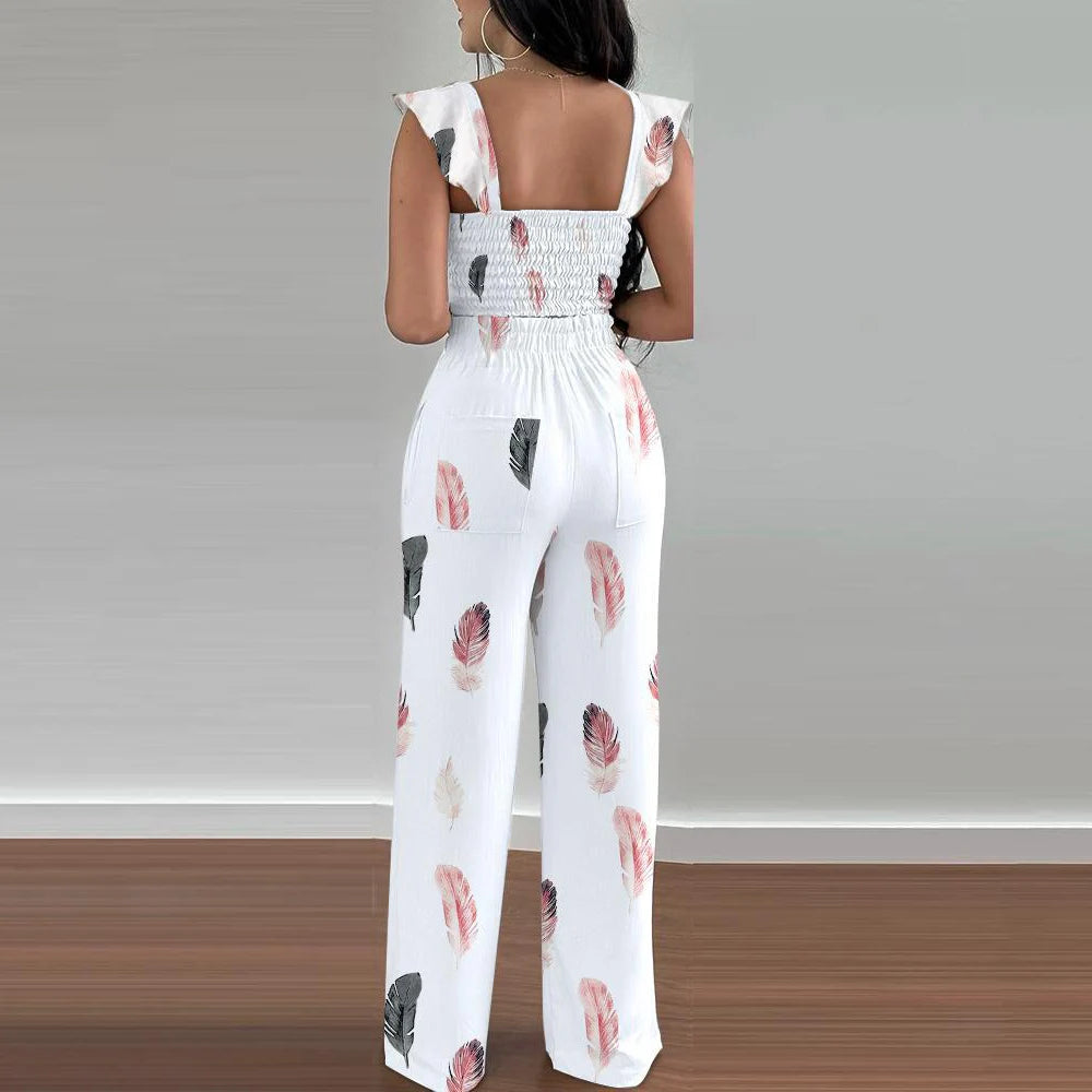 Women Casual Sleeveless Top Long Pants Two Pieces Print Ruffles Lace-Up Loose Wide Leg Pants Suit Set Summer