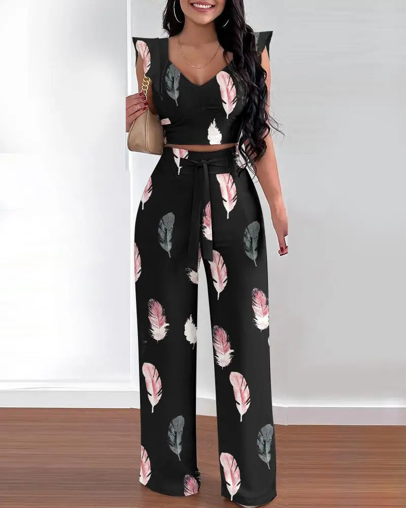 Women Casual Sleeveless Top Long Pants Two Pieces Print Ruffles Lace-Up Loose Wide Leg Pants Suit Set Summer