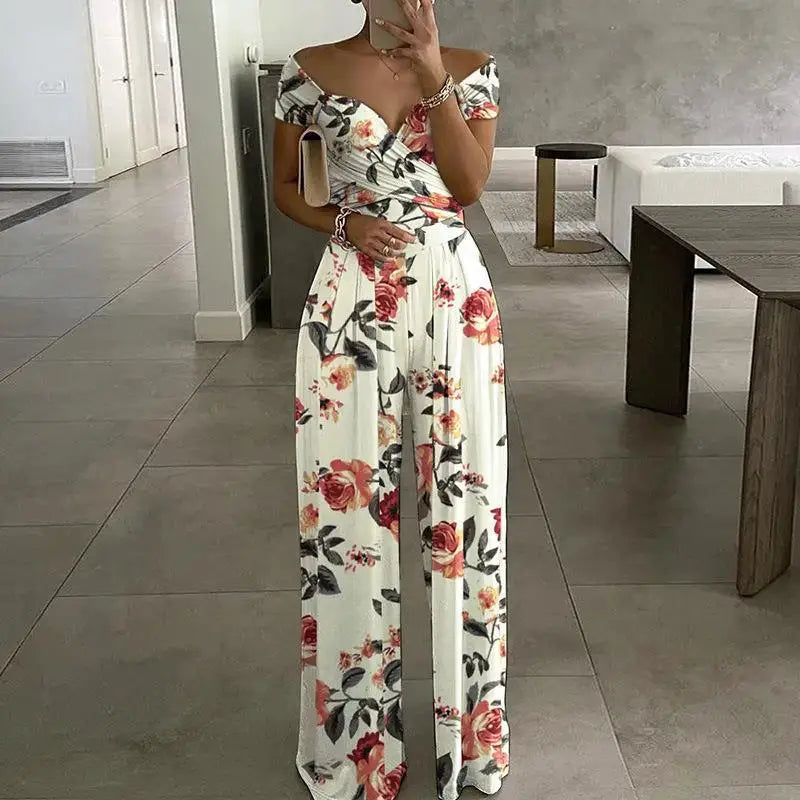 Fashion Printed Sleeveless Off-shoulder One-shoulder High-waist Jumpsuit  Women 2025 Summer Casual Pleated Jumpsuit For Women