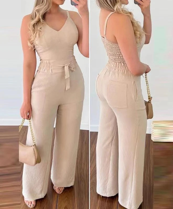 Two Piece Sets Women Outifits Summer Fashion New Shirred Cami Top & Casual High Waist Pants Set Temperament Women's Suits