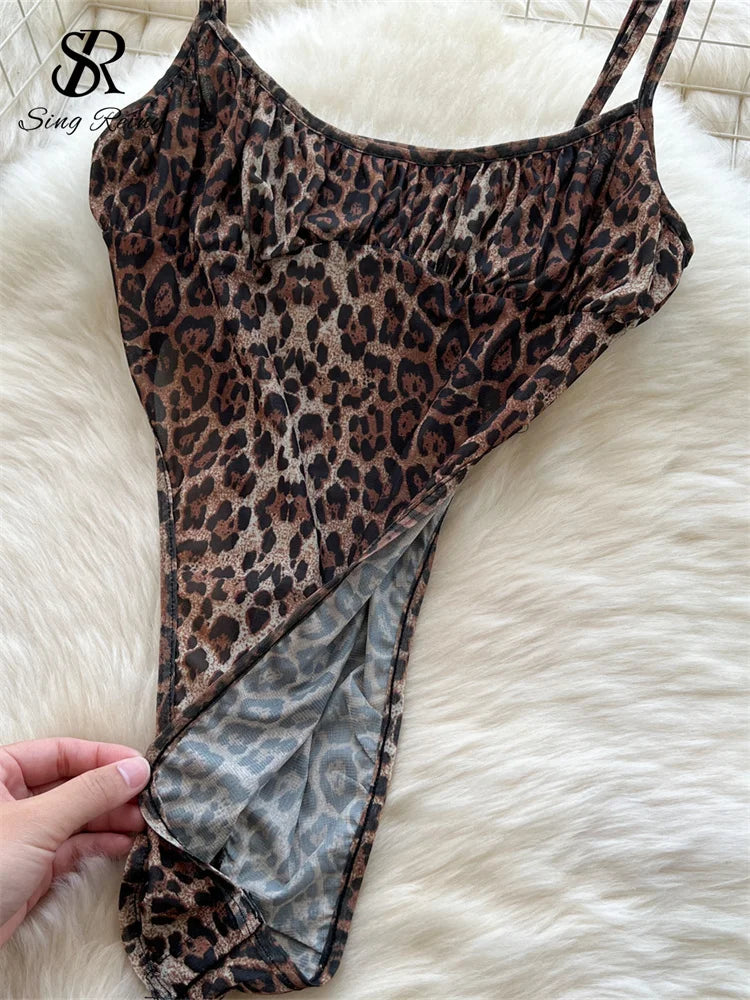 SINGREINY  Newest Leopard 2pcs Suits Women Sexy Strap Tops+Elastic Waist Flared Pants American Ins Fashion Hotsweet Sets