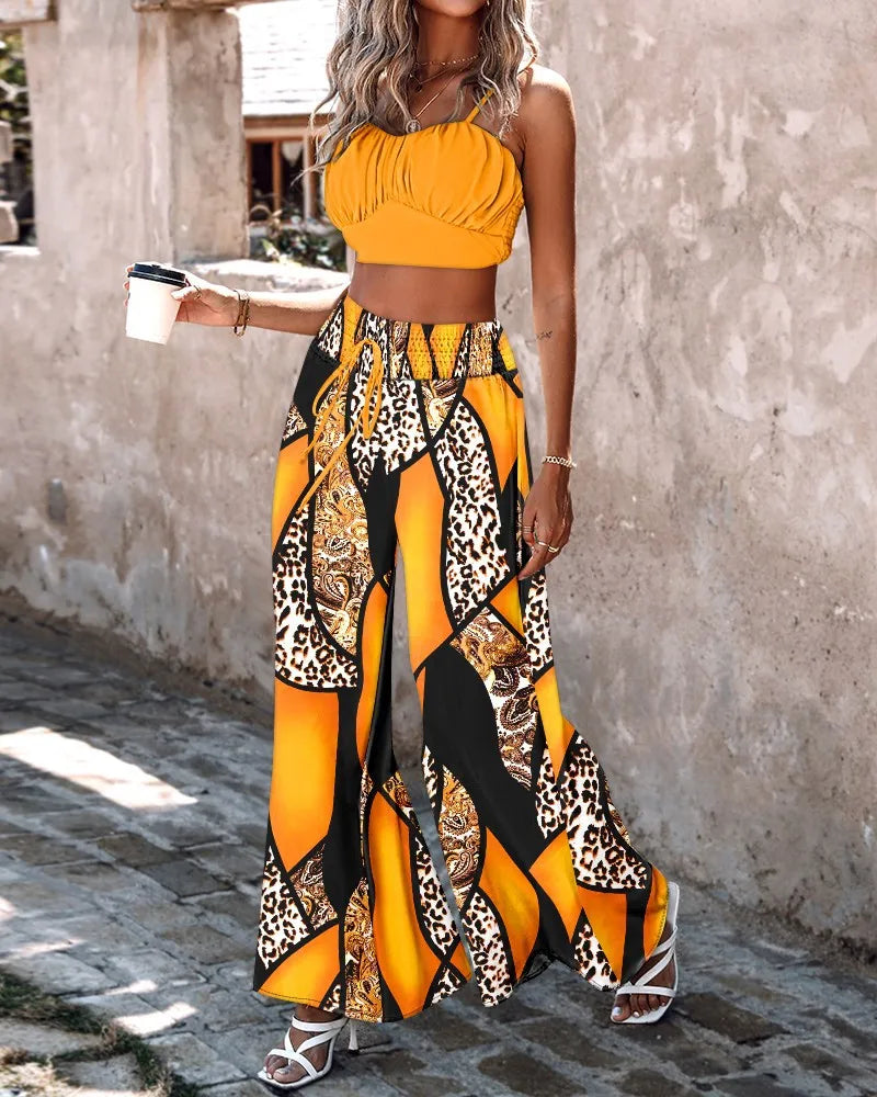 Boho Wide Leg Pant Sets Women Sexy Spaghetti Top And Print Pant 2 Piece Sets Women Outfit Casual Beach Holiday Lace Up Pant suit