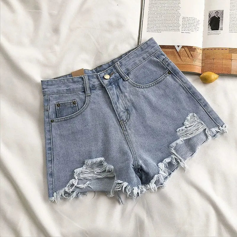 Shorts Women Summer Fashion Casual High Waist Ripped Jeans  Hot Pants Streetwear Blue Trousers