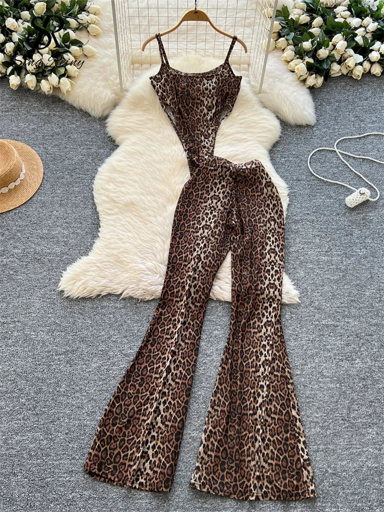 SINGREINY  Newest Leopard 2pcs Suits Women Sexy Strap Tops+Elastic Waist Flared Pants American Ins Fashion Hotsweet Sets
