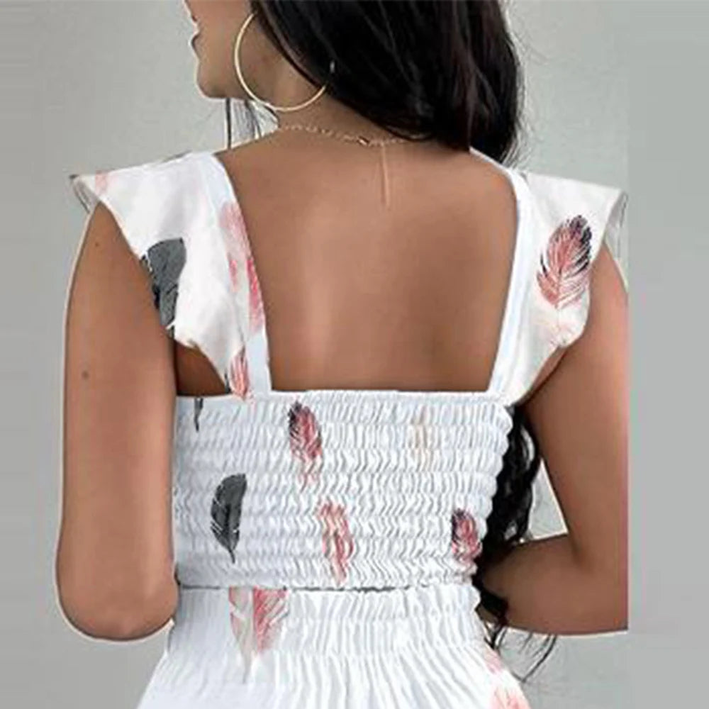 Women Casual Sleeveless Top Long Pants Two Pieces Print Ruffles Lace-Up Loose Wide Leg Pants Suit Set Summer