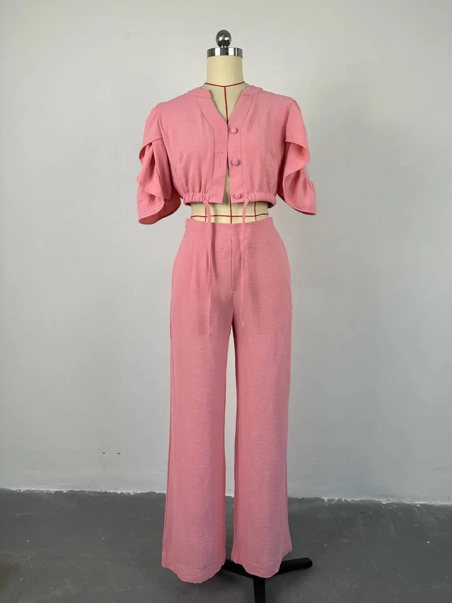 2pcs Women's Clothing Set Summer New Fashion V-neck Flare Sleeve Lace-up Top & Wide-leg Trousers Casual Suit