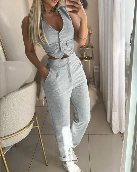 Two Piece Sets Women V Neck Sleeveless Single Breasted Vest Tops Casual Straight Long Pants