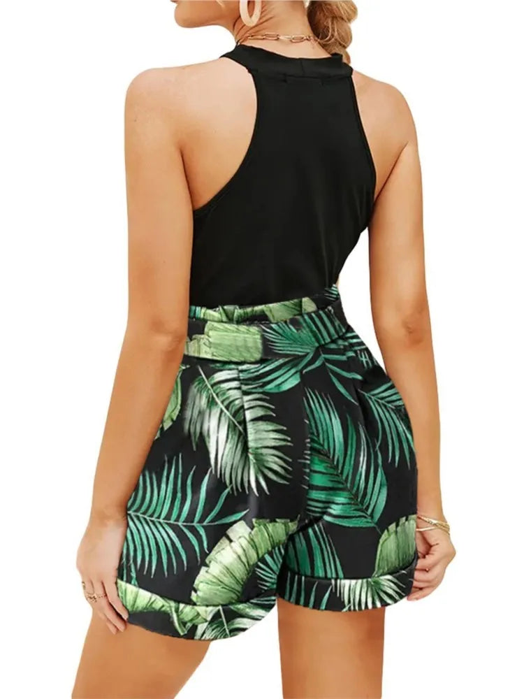 Summer Women's 2-piece Set Tank Tops Hollow Out Beach Slim Short Top Shorts Print Casual Hollow Sleeveless Vest Two Piece Suit