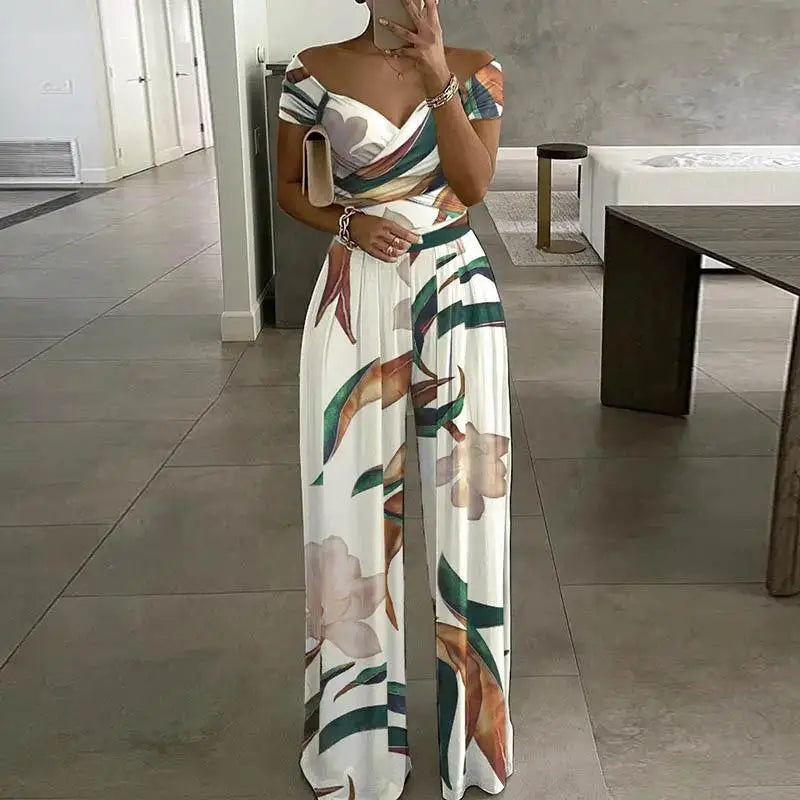 Fashion Printed Sleeveless Off-shoulder One-shoulder High-waist Jumpsuit  Women 2025 Summer Casual Pleated Jumpsuit For Women