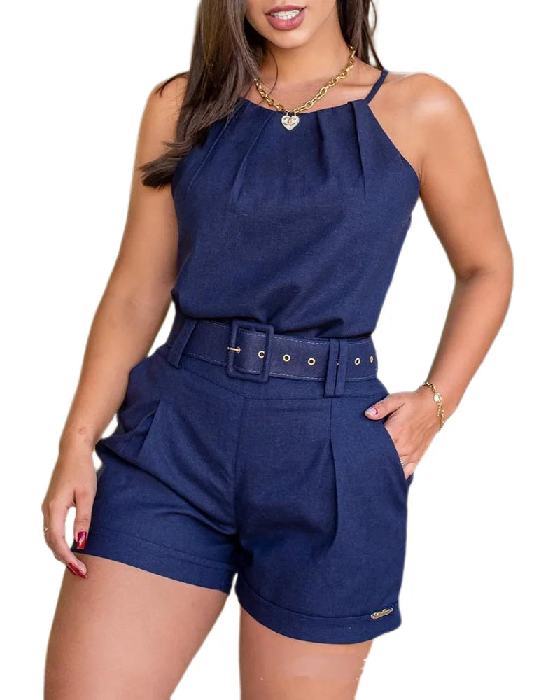 Summer New Women's Two-Piece Fashion Solid Color Skinny Sleeveless Casual Suspender Cold Shoulder Top Shorts Set with Belt