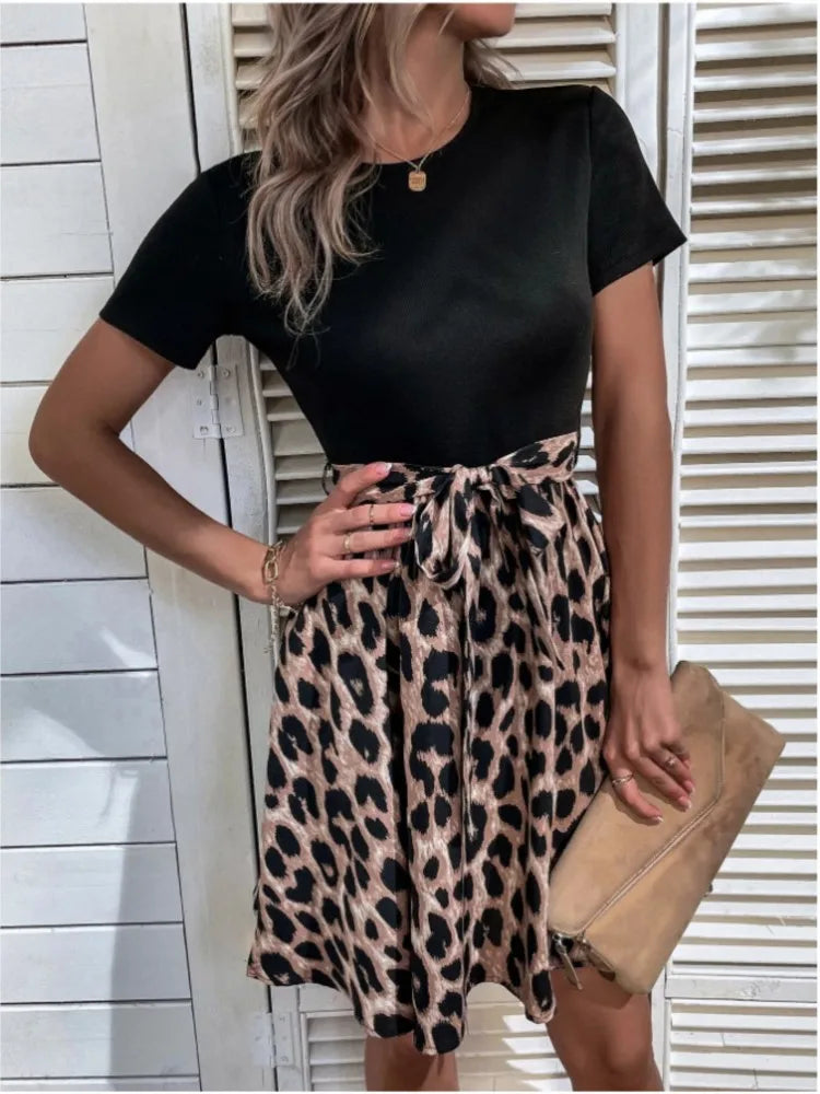 Ladies Leopard Print 2025 Summer New Dress Black Round Neck Short Sleeves Patchwork Printed Strap Bow Foreign Style Mini Dresses
