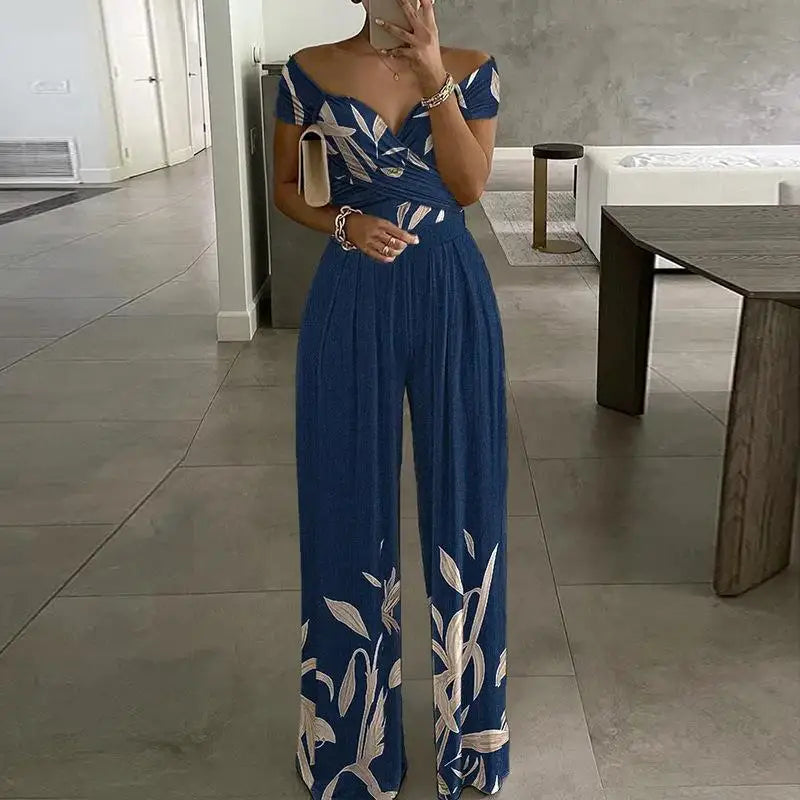 Fashion Printed Sleeveless Off-shoulder One-shoulder High-waist Jumpsuit  Women 2025 Summer Casual Pleated Jumpsuit For Women