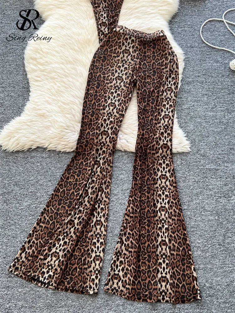 SINGREINY  Newest Leopard 2pcs Suits Women Sexy Strap Tops+Elastic Waist Flared Pants American Ins Fashion Hotsweet Sets
