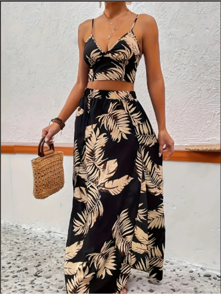Women Sleeveless Low Cut V-Neck Printed Dress High Slit Sexy Dresses Trendy Half Skirt Women's Set Light Elegant Summer Set