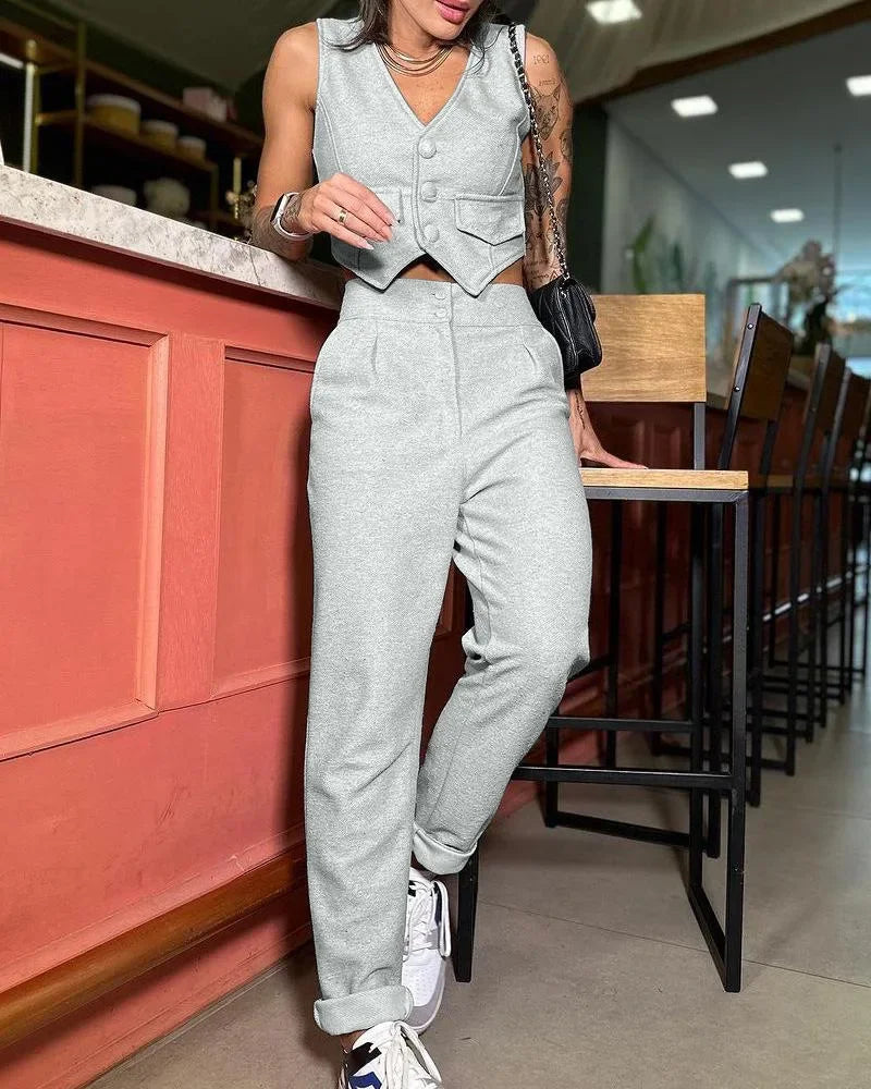Two Piece Sets Women V Neck Sleeveless Single Breasted Vest Tops Casual Straight Long Pants