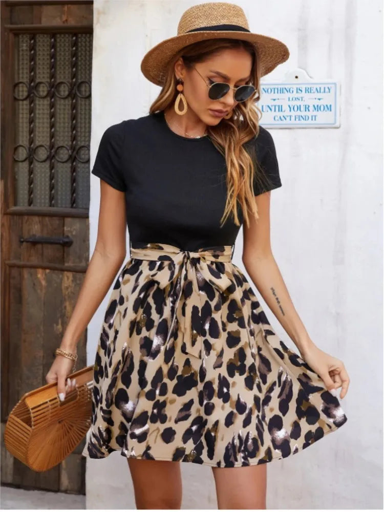 Ladies Leopard Print 2025 Summer New Dress Black Round Neck Short Sleeves Patchwork Printed Strap Bow Foreign Style Mini Dresses