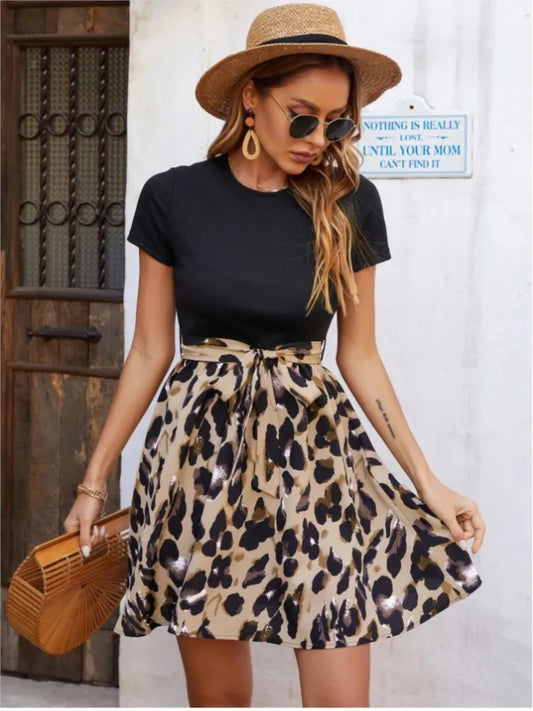 Ladies Leopard Print 2025 Summer New Dress Black Round Neck Short Sleeves Patchwork Printed Strap Bow Foreign Style Mini Dresses