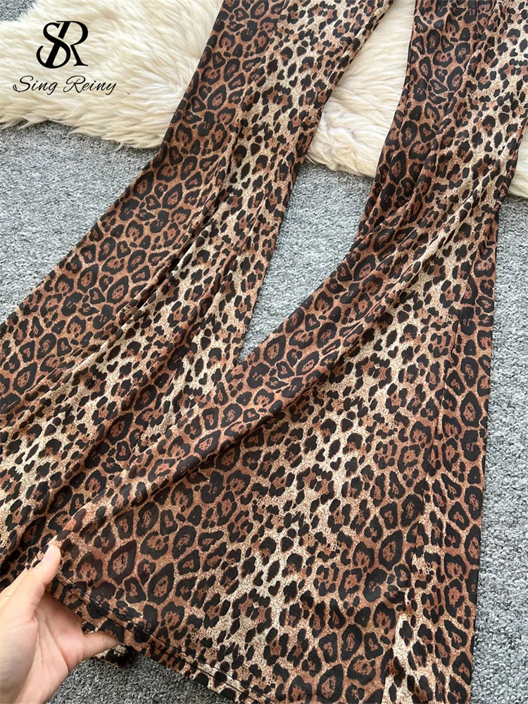 SINGREINY  Newest Leopard 2pcs Suits Women Sexy Strap Tops+Elastic Waist Flared Pants American Ins Fashion Hotsweet Sets