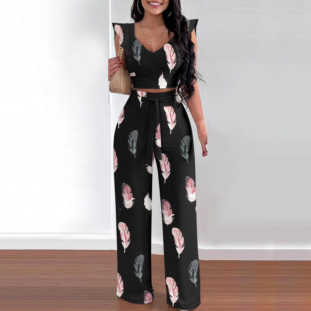 Women Casual Sleeveless Top Long Pants Two Pieces Print Ruffles Lace-Up Loose Wide Leg Pants Suit Set Summer
