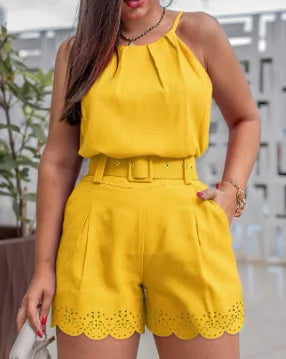 Summer New Women's Two-Piece Fashion Solid Color Skinny Sleeveless Casual Suspender Cold Shoulder Top Shorts Set with Belt