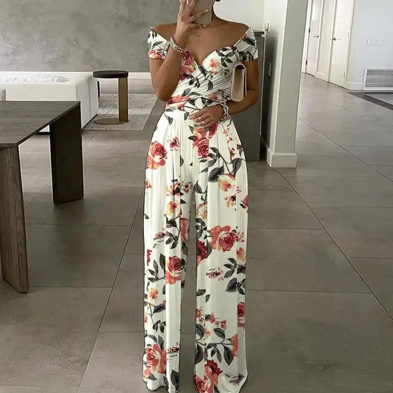 Fashion Printed Sleeveless Off-shoulder One-shoulder High-waist Jumpsuit  Women 2025 Summer Casual Pleated Jumpsuit For Women