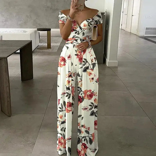 Fashion Printed Sleeveless Off-shoulder One-shoulder High-waist Jumpsuit  Women 2025 Summer Casual Pleated Jumpsuit For Women