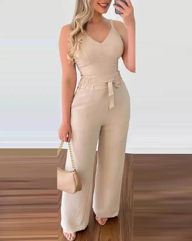 Two Piece Sets Women Outifits Summer Fashion New Shirred Cami Top & Casual High Waist Pants Set Temperament Women's Suits