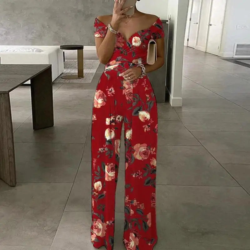 Fashion Printed Sleeveless Off-shoulder One-shoulder High-waist Jumpsuit  Women 2025 Summer Casual Pleated Jumpsuit For Women